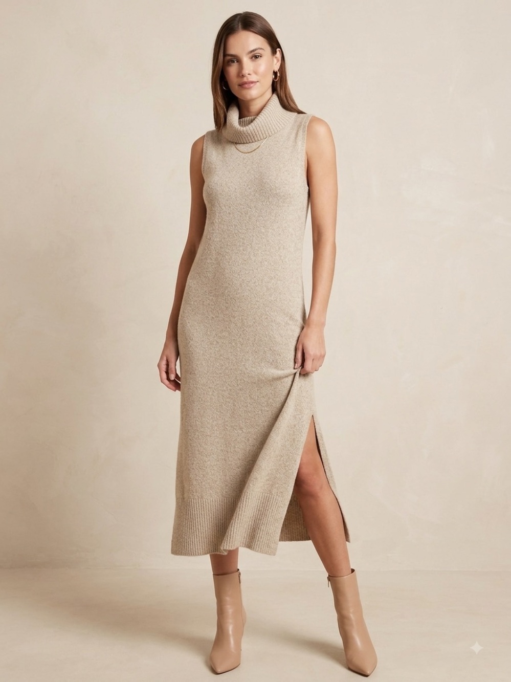 Rachel Zoe Sleeveless Turtleneck Knit Midi Dress in Beige